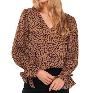 CeCe Tan Leopard Print V-Neck Blouse